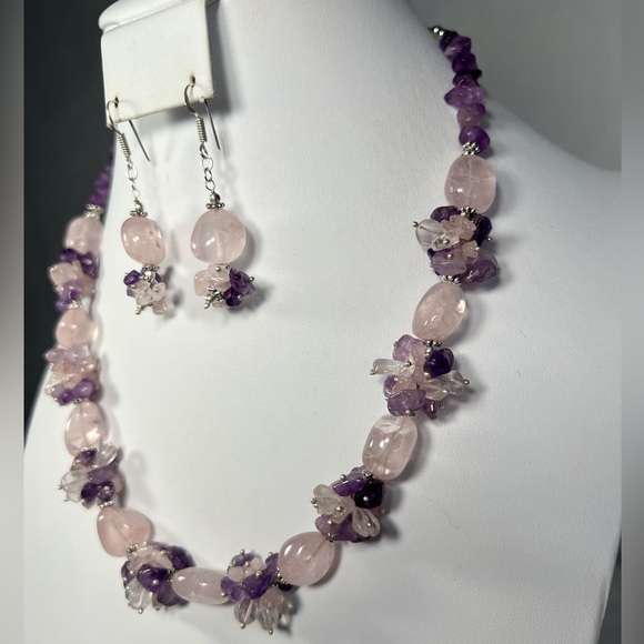 Rose Quartz & Amethyst 925 Silver Chunky Beaded Gemstone Necklace & Earrings - Picture 3 of 10